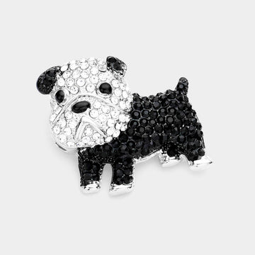Madeline Love Jet Black, Silver Rhinestone Bulldog Pin Brooch - Brooches