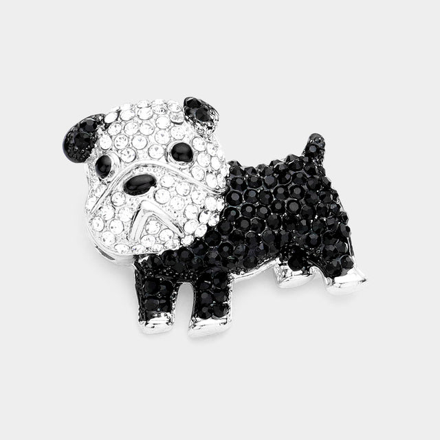 Madeline Love Jet Black, Silver Rhinestone Bulldog Pin Brooch - Brooches