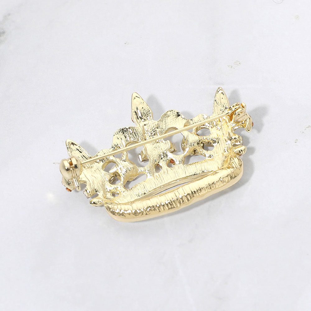 Rhinestone Paved Fleur de Lis Crown Pin Brooch Silver