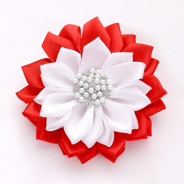 Madeline Love Red, Red&White, White Pearl Pointed Flower Ribbon Brooch Hair Clip - Brooches