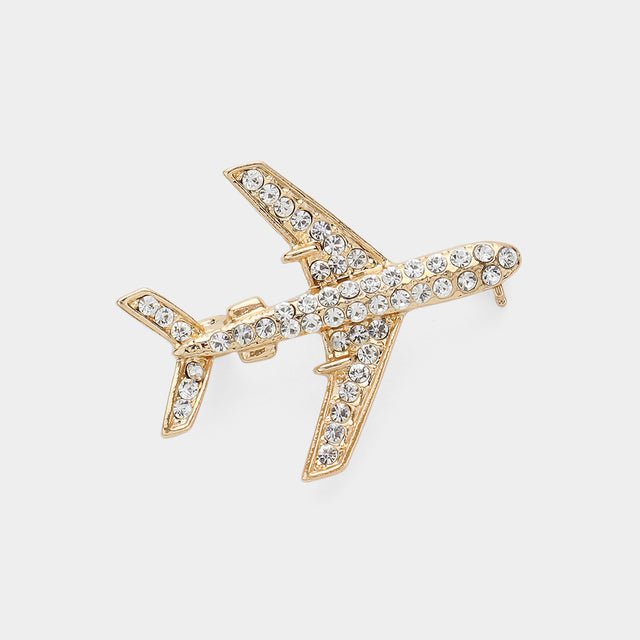 Madeline Love Clear, Gold Stone Paved Airplane Pin Brooch - Brooches