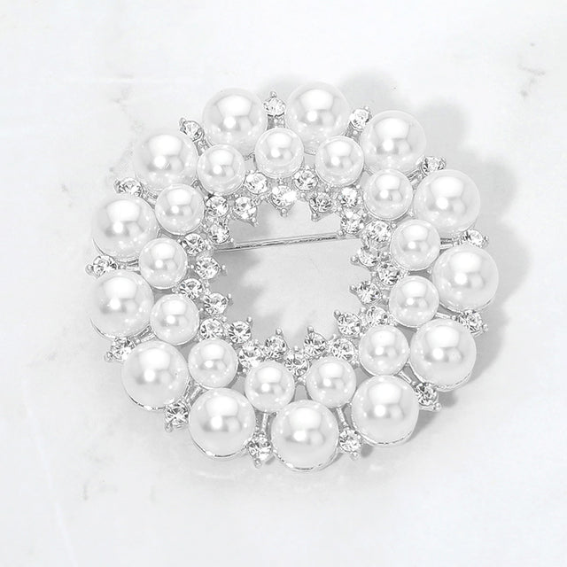 Madeline Love Rhodium, White Pearl Crystal Circle Pin Brooch