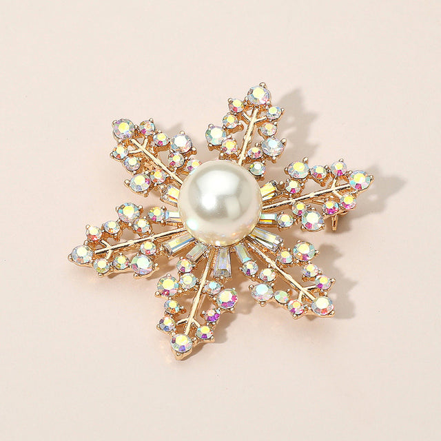 Madeline Love AB, Gold Elegant Crystal Rhinestone Pearl Snowflake Brooch