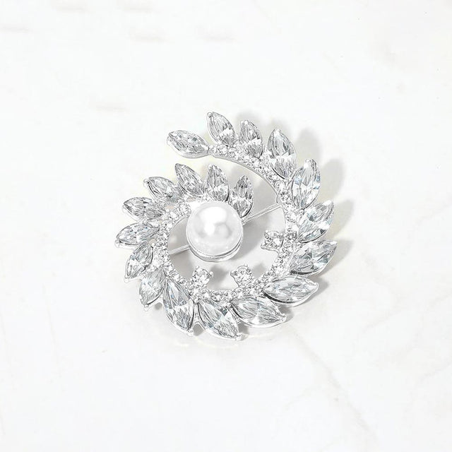 Madeline Love Silver Pearl Accent Marquise Stone Cluster Around Wreath Pin Brooch
