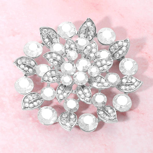 Rhinestone Embellished Elegant Floral Pin Brooch - Clear, Silver