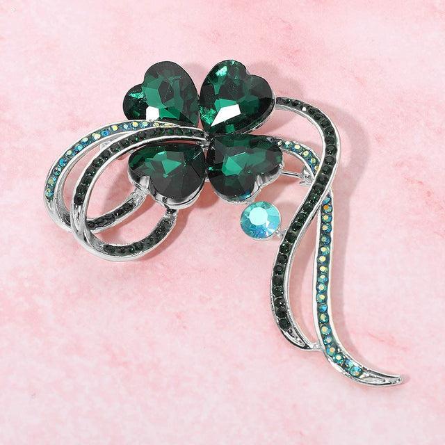 Madeline Love Emerald, Silver Clover Pin Brooch - Brooches