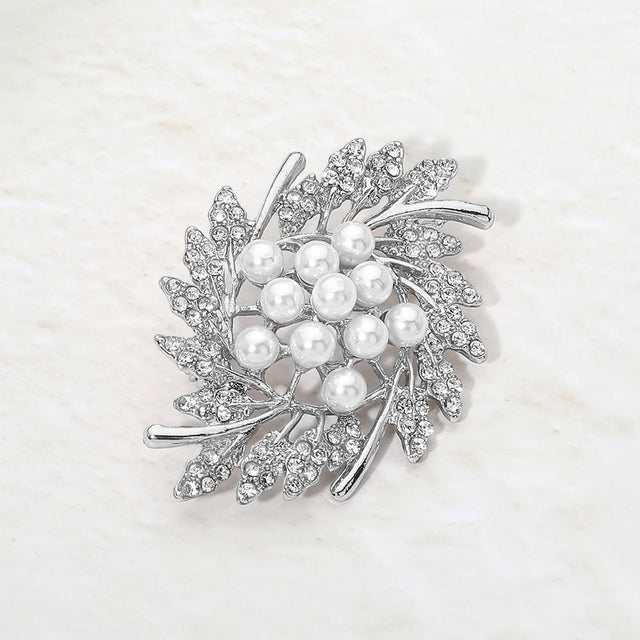 Madeline Love Silver Pearl Rhinestone Embellished Leaf Pin Brooch