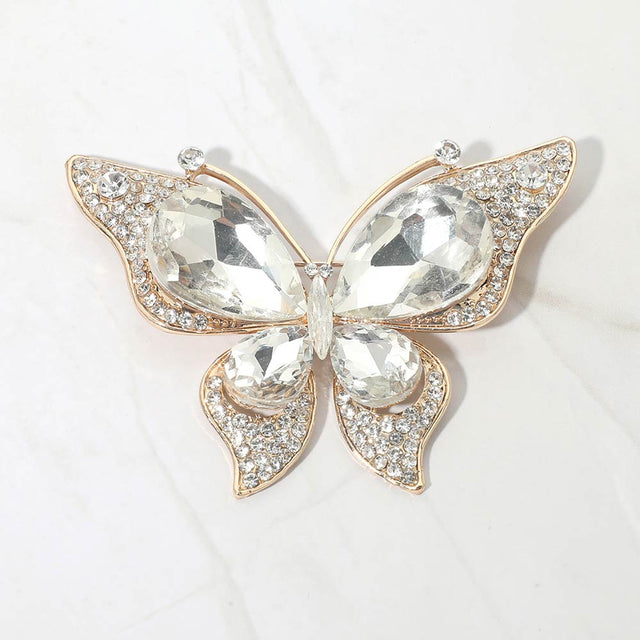 Madeline Love Clear, Gold Teardrop Stone Accent Rhinestone Pave Butterfly Pin Brooch