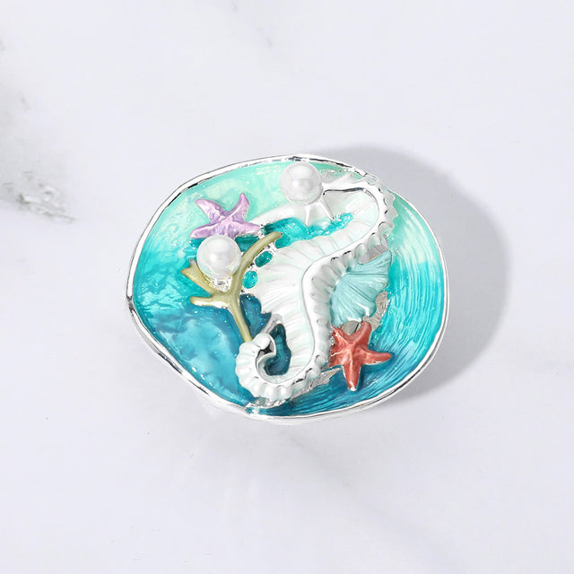 Madeline Love Teal Colored Metal Seahorse Starfish Pearl Magnetic Brooch - Brooches
