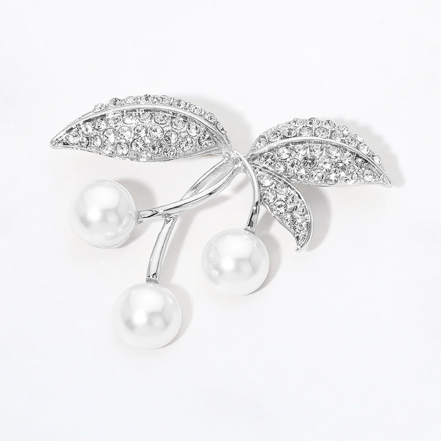 Madeline Love Rhodium, White Rhinestone Pave Leaf Pearl Drop Pin Brooch