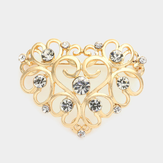 Stone Embellished Metal Heart Pin Brooch - Gold