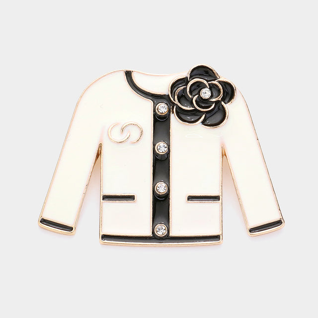 Madeline Love Gold, White Enamel Flower Jacket Pin Brooch - Brooches