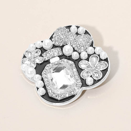 Floral Pearl Bow Embellished Pin Brooch - Black, Rhodium