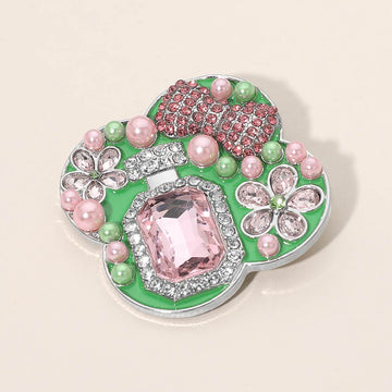 Madeline Love Pink&Green, Rhodium Floral Pearl Bow Embellished Pin Brooch - Brooches