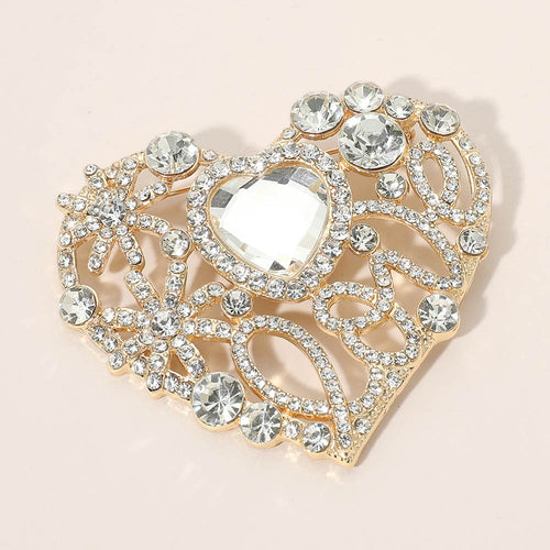 Rhinestone Embellished Heart Pin Brooch - Clear, Gold