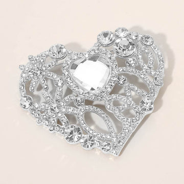 Madeline Love Clear, Rhodium Rhinestone Embellished Heart Pin Brooch - Brooches