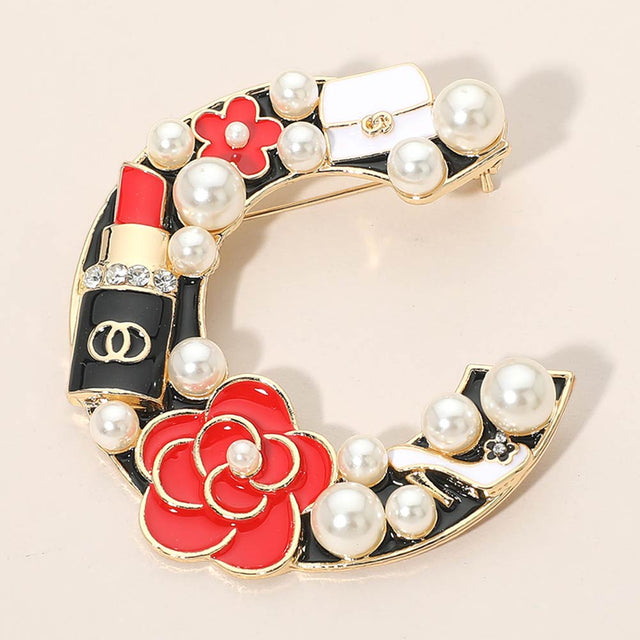 Madeline Love Gold, Red Pearl Lipstick Flower Embellished Letter C Pin Brooch - Brooches