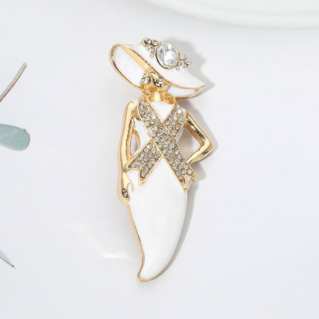Madeline Love Clear, Gold, White Breast Cancer Awareness Pink Ribbon Accent Lady Pin Brooch