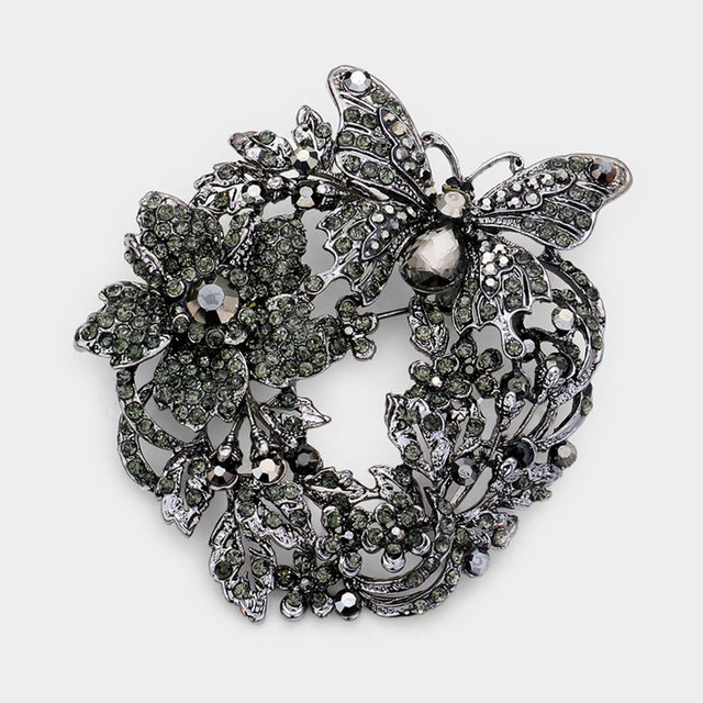 Madeline Love Black Diamond Rhinestone Butterfly Flower Leaf Pin Brooch  / Pendant - Brooches