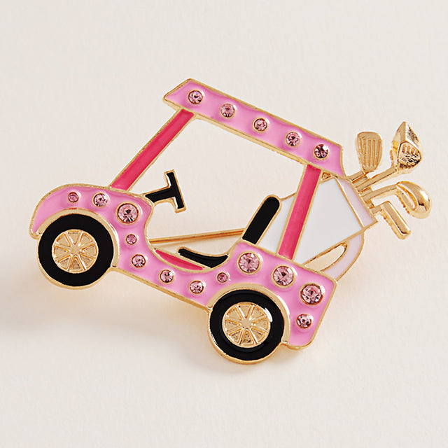 Pink Enamel Rhinestone Accent Golf Cart Clubs Pin Brooch