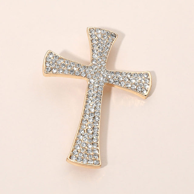 Madeline Love Clear, Gold Rhinestone Pave Cross Pin Brooch