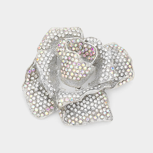 Madeline Love AB, Clear, Rhodium Crystal Pave Rose Brooch - Brooches