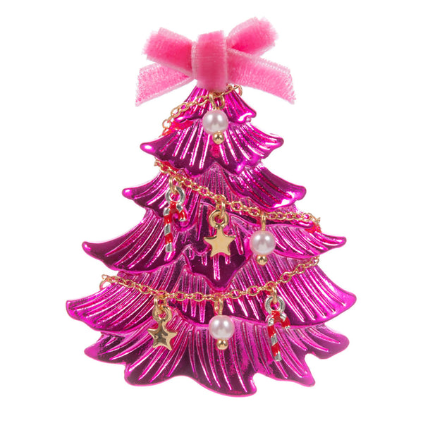 Pink Festive Bow Top Christmas Tree Pin Brooch