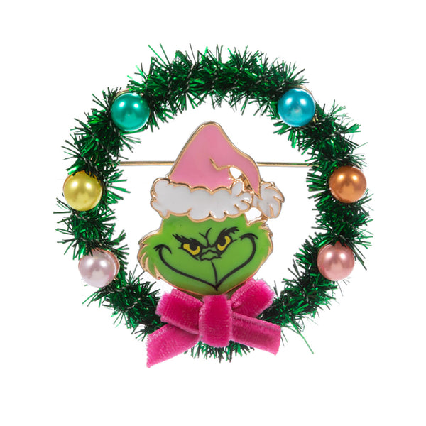 Pink Holiday Grinch Wreath Pin Brooch
