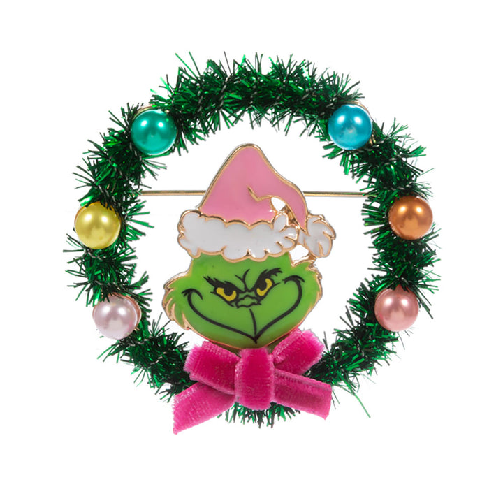 Pink Holiday Grinch Wreath Pin Brooch