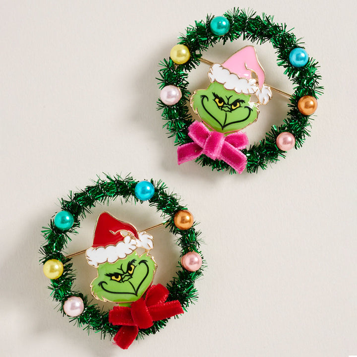 Red Holiday Grinch Wreath Pin Brooch