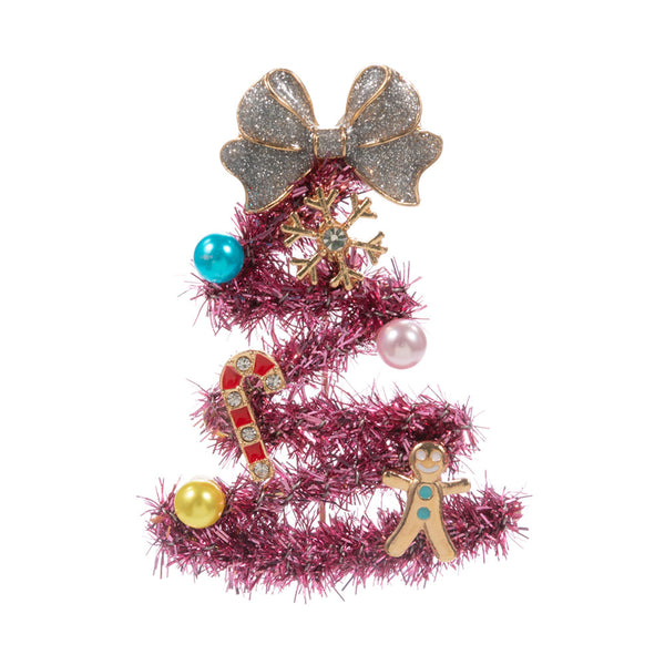 Pink Whimsical Pearl Bow Snowflake Charm Tinsel Christmas Tree Pin Brooch