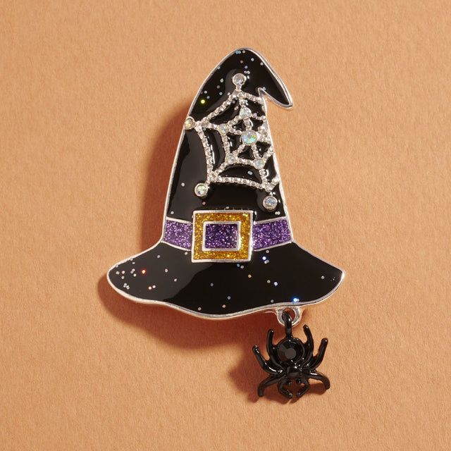 Jet Black Halloween Witch Hat Spider Dangle Pin Brooch