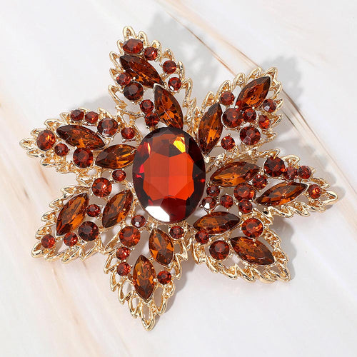 Oval Stone Center Rhinestone Studded Floral Statement Pin Brooch - Brown, Gold