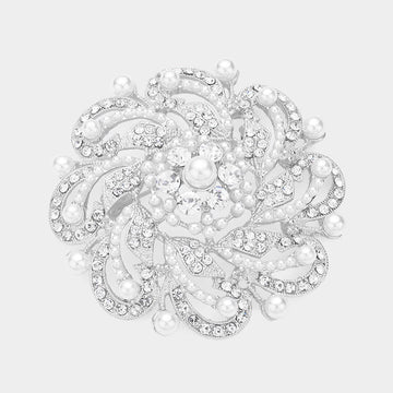 Madeline Love Rhodium, White Pearl Pointed Round Stone Flower Pin Brooch - Brooches