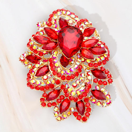 Crystal Pave Leaf Cluster Pin Brooch - Gold, Red