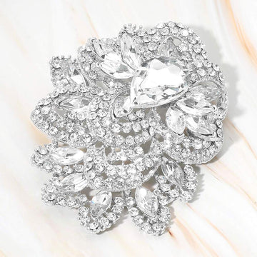 Madeline Love Clear, Rhodium Crystal Pave Leaf Cluster Pin Brooch - Brooches