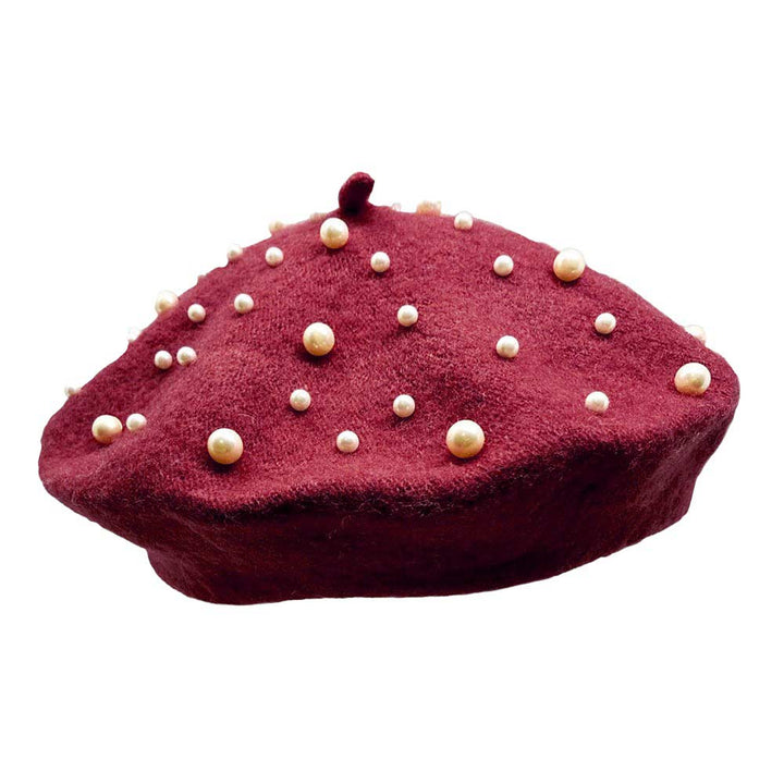 BURGUNDY-Pearl Embellished Tam Beret Hat, Featuring a classic beret design, this stylish hat is adorned with elegant pearls for a touch of sophistication.Adding a touch of glamour to any outfit, this hat is a must-have accessory for any fashion-forward individual.Upgrade your style today with our Pearl Embellished Tam Beret Hat