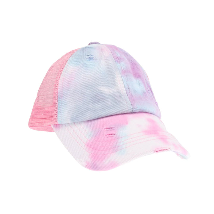 Baby Pink C.C Kids Tie Dye Criss-Cross Ponycap combines playful tie-dye patterns with a practical criss-cross design, ensuring a secure and comfortable fit for active children. Crafted for durability and style, this ponytail keeps hair neatly in place while adding a vibrant touch to any outfit. Ideal for everyday wear, it offers both function and fashion for young, energetic lifestyles.