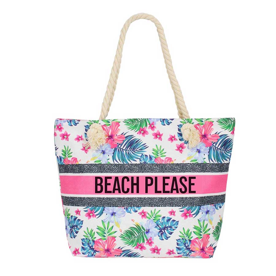 Beach Please Message Tropical Beach Bag Tote Bag is the perfect accessory for your sunny beach days. With its vibrant message and tropical design, it will make a statement wherever you go. Made with durable materials, it will keep your belongings safe and secure. Embrace the summer with this stylish and functional bag.
