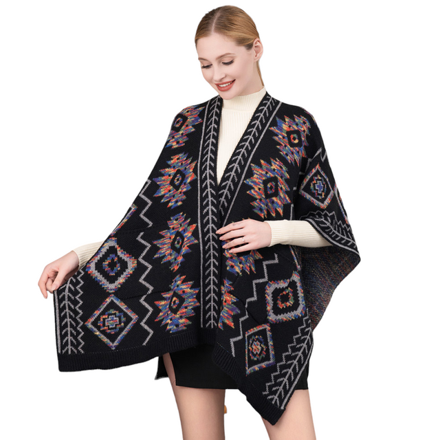 Beautiful Boho Patterned Front Pockets Poncho - Ponchos