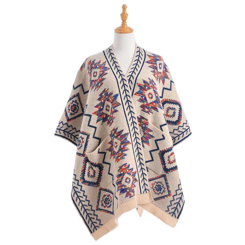 Beige Beautiful Boho Patterned Front Pockets Poncho, with the latest trend in ladies' outfit cover-up! the high-quality knit poncho is soft, comfortable, and warm but lightweight. It's perfect for your daily, casual, party, evening, vacation, and other special events outfits. A fantastic gift for your friends or family.