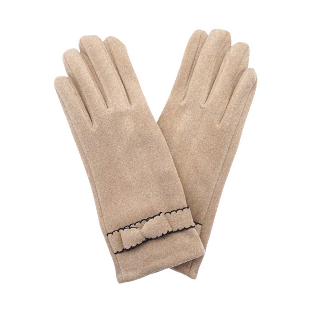 Beige-Bow Pointed Faux Suede Smart Touch Gloves, Perfect blend of fashion and function. With the added benefit of being smart touch compatible, you can easily use your phone or tablet while keeping your hands warm. The stylish bow and pointed design add a touch of elegance to any outfit.