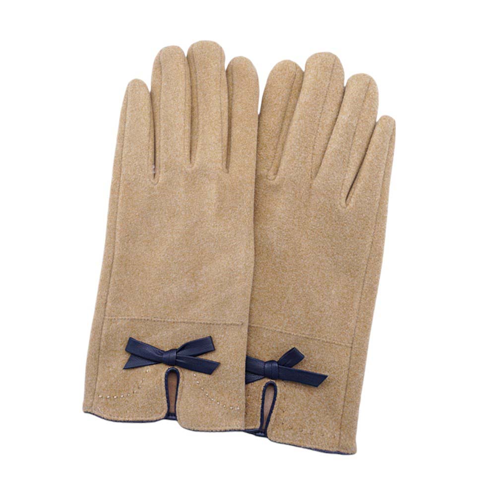 Beige-Bow Pointed Faux Suede Smart Touch Gloves , Crafted with soft faux suede and a charming bow detail, these gloves also feature touch screen compatibility for easy use of your devices. Stay warm and connected this winter with these versatile and chic gloves.
