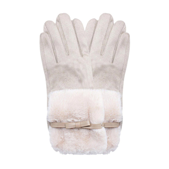 Beige-Bow Pointed Fuzzy Fur Collar Suede Smart Touch Gloves, Added touch of a bow and fuzzy fur collar makes them the perfect accessory for any outfit. Plus, with smart touch technology, you can easily use your phone while keeping your hands cozy. Experience the ultimate combination of fashion and functionality. 
