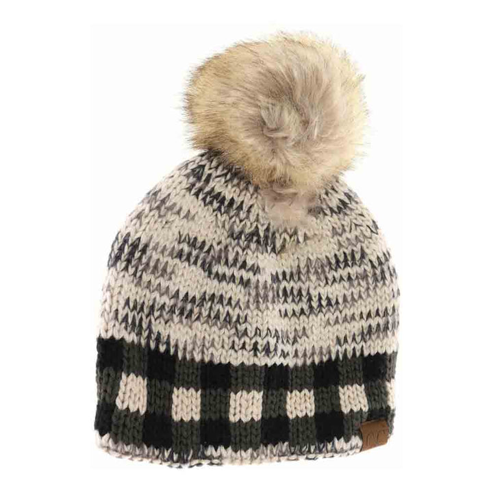 Beige Buffalo Check Mixed Print Fur Pom C.C Beanie combines timeless style with modern detail for superior winter wear. Crafted with a mix of classic buffalo check and complementary prints, this beanie offers visual depth and versatility. The plush faux fur pom adds both warmth and a refined finishing touch. Made with a soft, stretchable knit, it ensures a snug, comfortable fit that effectively shields against chilly conditions. Ideal for those seeking a blend of traditional patterns and contemporary comfor