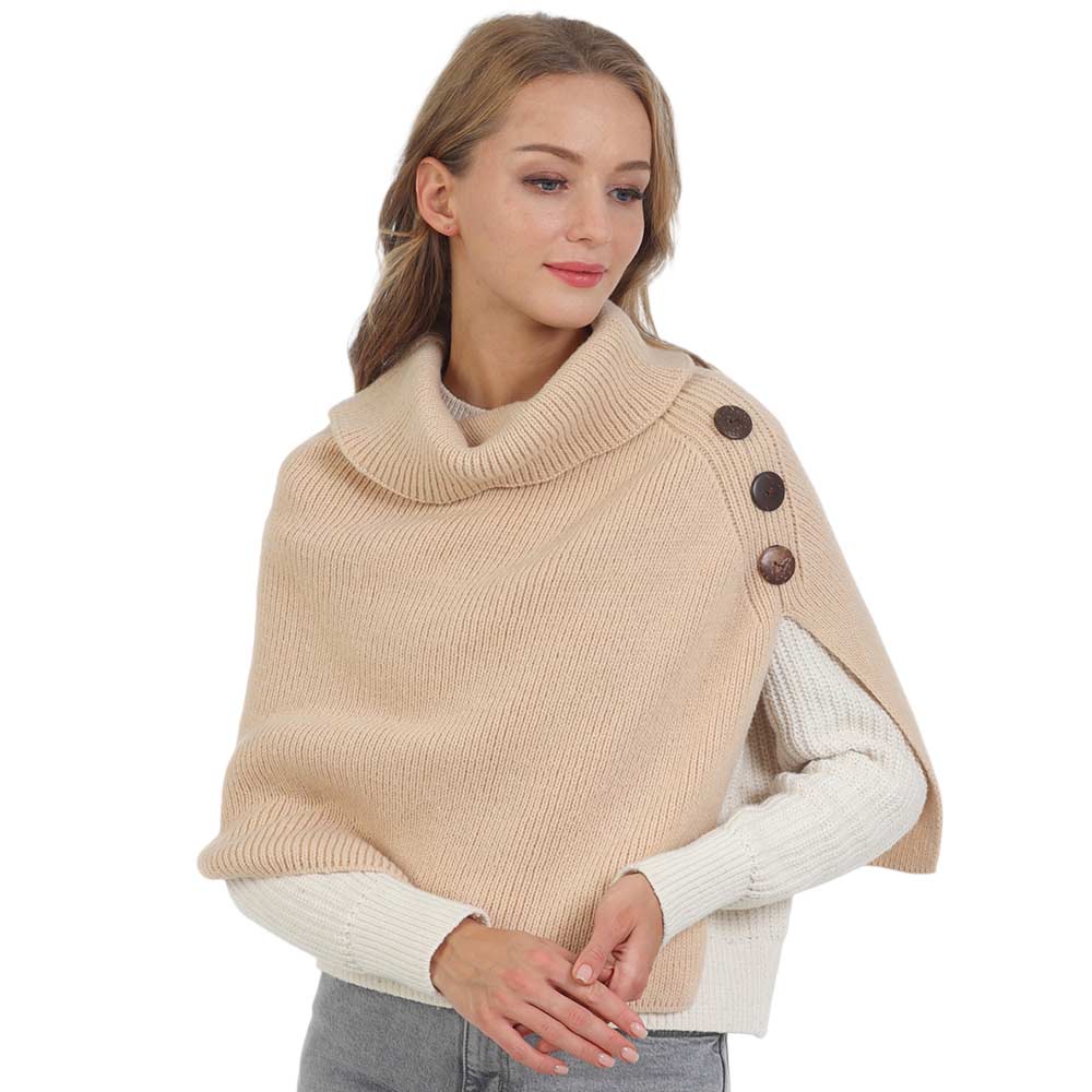 Beige Button Pointed Slit Turtleneck Knit Shawl Scarf, with the latest trend in ladies' outfit cover-up! the high-quality knit shawl poncho scarf is soft, comfortable, and warm but lightweight. It's perfect for your daily, casual, party, evening, and other special events outfits. A fantastic gift for your friends or family.