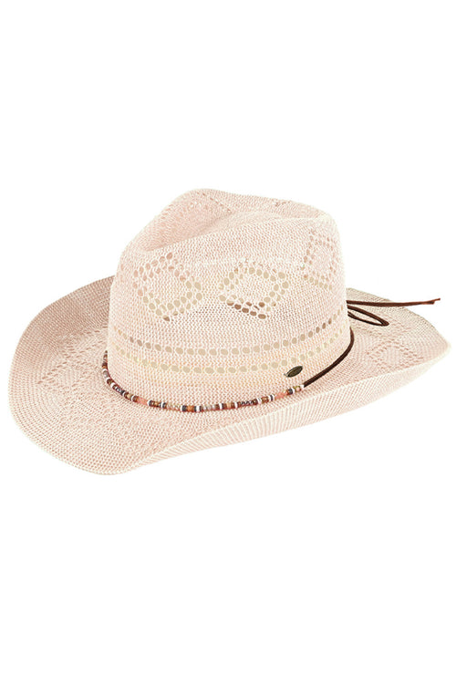 C.C Beaded Charm Trim Woven Cowboy Hat - Beige