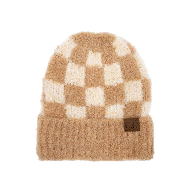 Beige C.C Checkered Pattern Boucle Cuff Beanie, stay warm and fashionable with this stylish beanie. The soft boucle accent adds a delightful touch of fun to any outfit. Awesome winter gift accessory for birthdays, Christmas, holidays, anniversaries, or Valentine's Day to your friends, family, and loved ones.