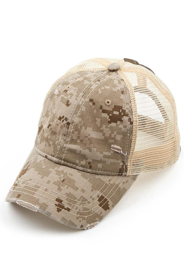 Beige C.C Digital Camo Mesh Ponycap offers a unique and stylish design paired with functionality. Its digital camouflage pattern and mesh material provide a modern look while keeping your head cool. Perfect for outdoor activities or casual wear, this cap is a must-have for any fashion-forward individual.