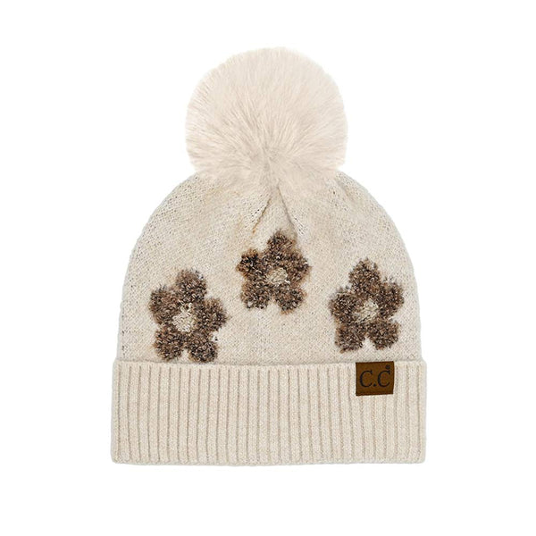 Beige C.C Daisy Pattern Beanie with Pom, stay warm and fashionable in this cozy, stylish beanie with pom. It's soft and warm and made from yarn for superior comfort. The playful pom accent adds a delightful touch of fun to any outfit. Awesome winter gift accessory for birthdays, Christmas, anniversaries, and family.